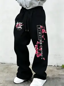 Men's Japanese cherry blossom print sweatpants, kanji cherry pattern, street style loose black drawstring wide leg pants, retro washed fabric, goth, street, retro, Y2K, subculture, rapper clothing, holiday gifts,  couple clothing