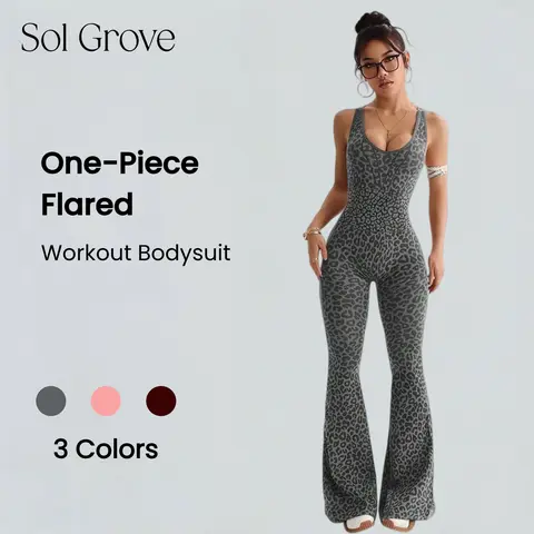 Sol Grove Jaguar Women's 1-Piece Flared Yoga Jumpsuit - Twisted Ruched Back, Butt Lifting, Tummy Control Jumpsuit, Nylon Quick Dry Moisture Wicking, Elastic Fit Moves With You, Fitted Cut, Stretchable Activewear, Stylish Sporty Chic Overalls