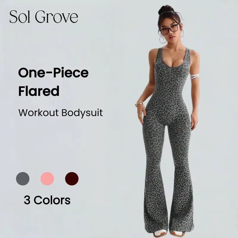 Sol Grove Jaguar Women's 1-Piece Flared Yoga Jumpsuit - Twisted Ruched Back, Butt Lifting, Tummy Control Jumpsuit, Nylon Quick Dry Moisture Wicking, Elastic Fit Moves With You, Fitted Cut, Stretchable Activewear, Stylish Sporty Chic Overalls