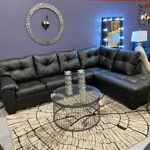 CRISTAL ROYALE Ebony Black Leather Sectional Sofa - 122"W x 87"D x 40"H