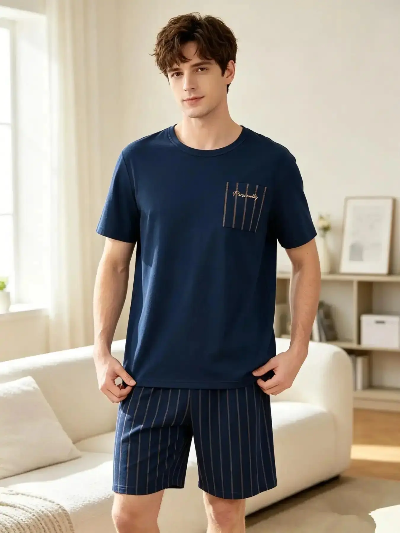 Men's Summer Thin Sleepwear Set, Short Sleeve Shorts 2-Piece, Round Neck, Plaid Line Print Casual Home Wear, Fitted Style, Comfortable Loungewear, Pajama Pjs, everyday wear, essential piece, seasonal essential