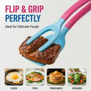 silicone spatula tongs,egg spatula,pancake turner,non stick spatula,heat resistant spatula,kitchen tongs,cooking tong,egg flipper,fish turner,2 in 1 spatulaEspátula y pinzas de silicona 2 en 1 para huevos, panqueques y carne