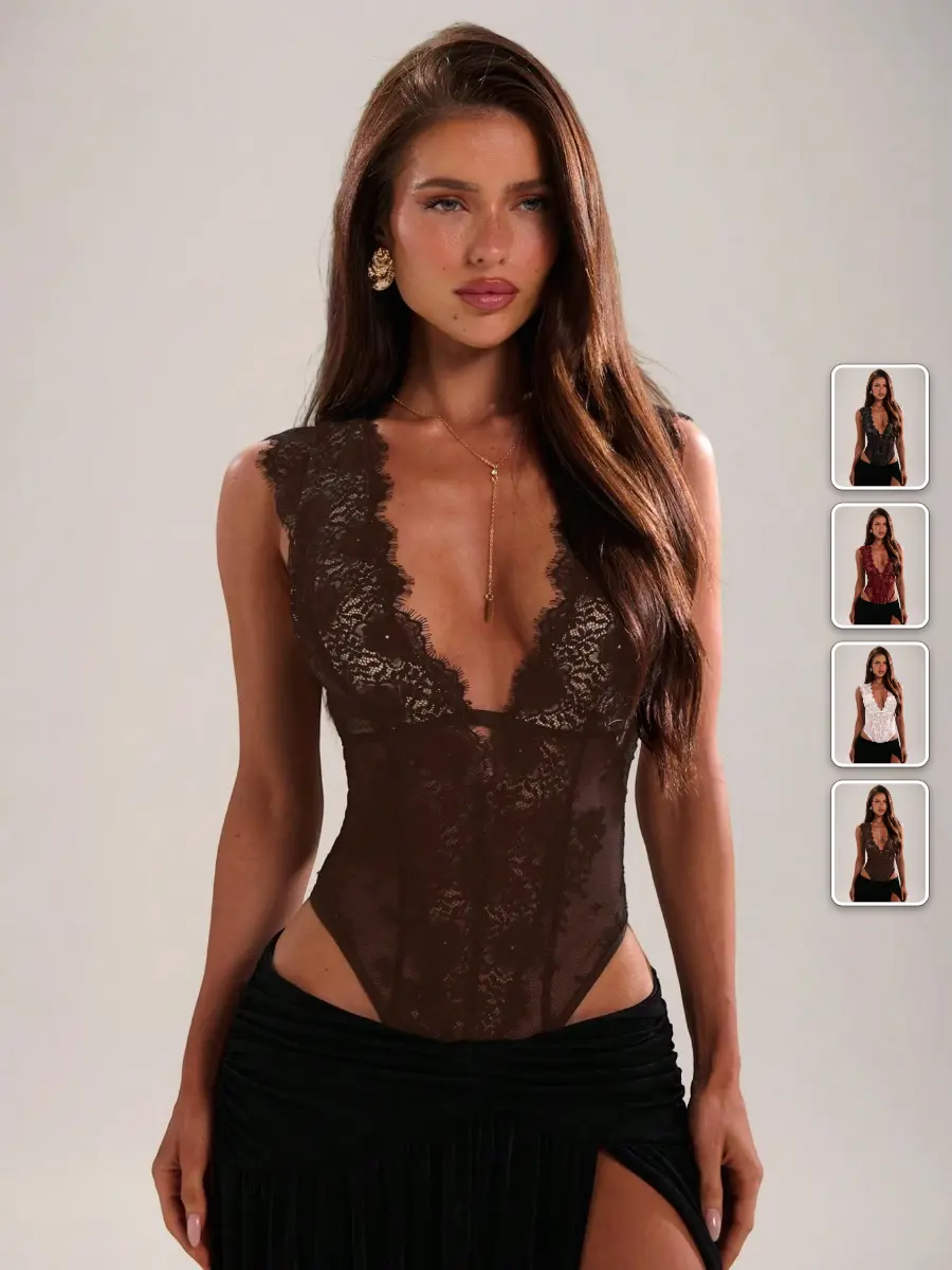 Sheer Lace Bodysuit Deep V-Neck Backless Sleeveless Night Out Party Going Out