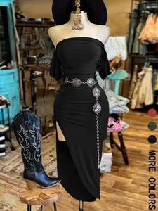 1 Piece Spring & Summer Sexy Off-Shoulder Ruched Bodycon Maxi Dress - High Slit Design Alluring Style for Evening Events and Clubwear （Belt not included）
