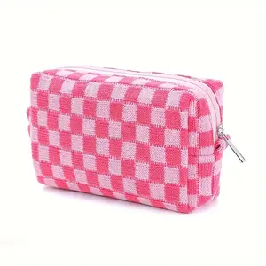 Cozy Blue/Pink Checkered Pouch - Versatile Toiletry Bag for Travel & Daily Use portable makeup brush bag