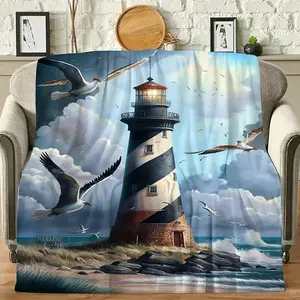 Hypoallergenic Contemporary Flannel Lighthouse and Seagulls Print Throw Blanket - All-Season Quilted Comfort for Living Room Sofa, Home Decor Accessory, Versatile for Outdoor, Soft Cozy Festive Gift Blanket with Digital Printing Craftsmanship