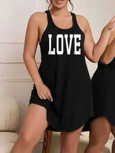 【Plus Size】 Letter Print Tank Nightdress, Sleeveless Cami Nightdress, Casual Soft Comfortable Sleeveless Nightgown for Women, Women's Loose Fit Sleepwear for All Seasons
