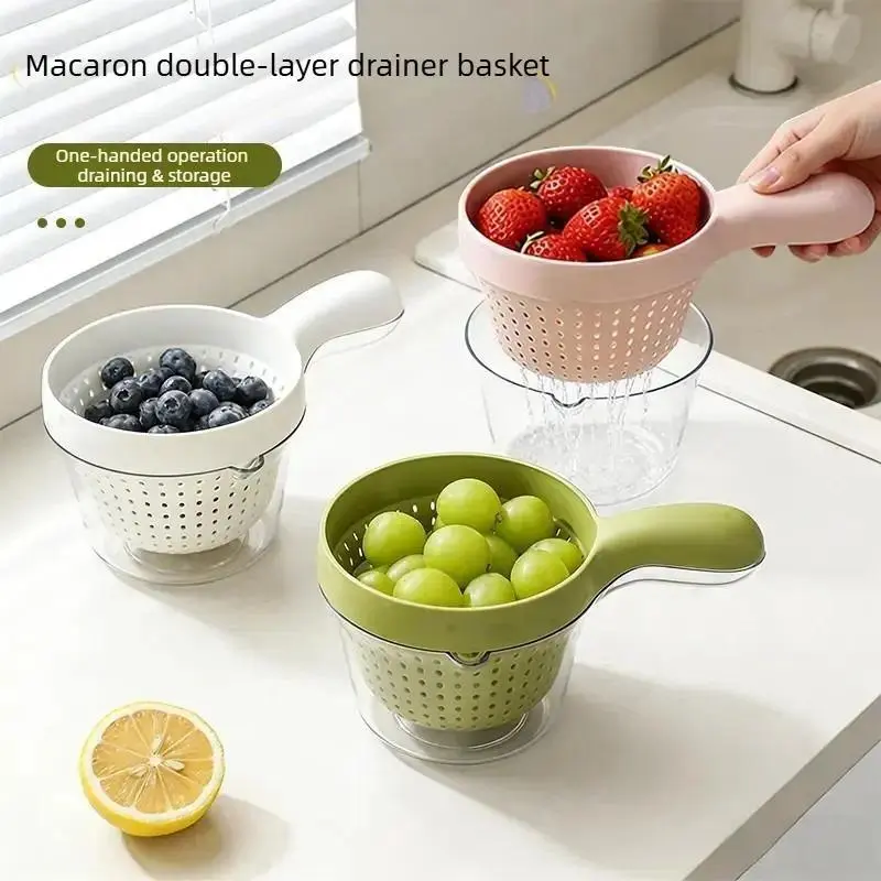 Double-layer fruit washing basket with handle, suitable for washing fruits and blueberries, cute small fruit strainer, a must-have for home use, Strainers And Colanders, Kitchen Strainer, Plastic Strainer, Kitchen Colander, Silicone Colander