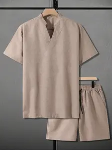 Men's Solid Color Short Sleeve Tee & Drawstring Waist Pants Loungewear Set, Regular Fit Casual Comfy Round Neck T-Shirt & Pocket Trousers PJ Set, Men's Sleepwear for Summer