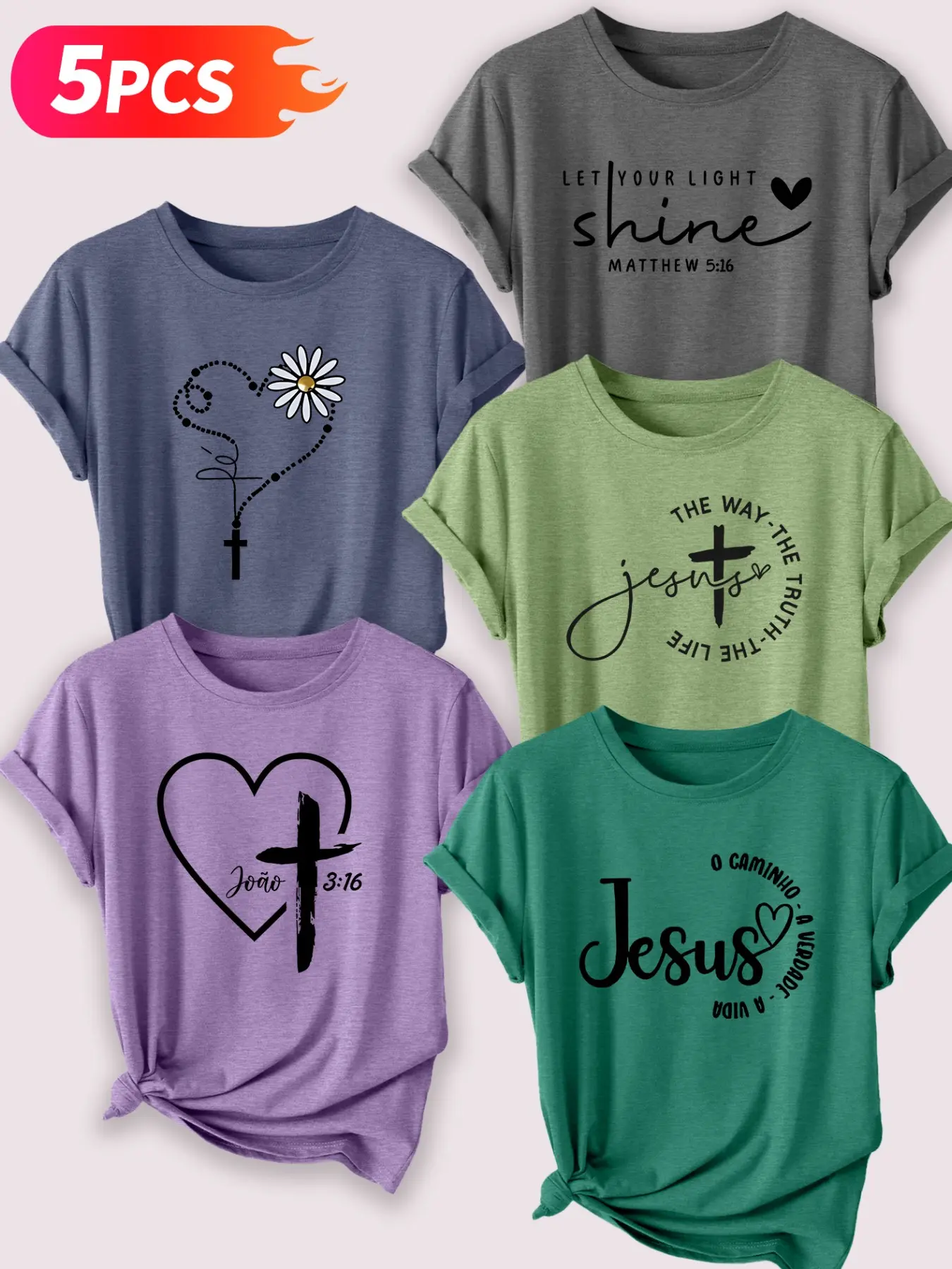 5 Pack Faith & Bible Print Floral Flower Fitted Round Neck T-shirts, Classic Fashionable Casual Streetwear for All Seasons