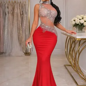 S390246 red Diamond-Encrusted Fishtail Gown | Elegant Tunic with Rhinestone Details, Crew Neck, Perfect for All-Season Dinner Wear        size small medium Large XL XXl