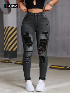 Women's Trendy Fashion Ripped Denim Jean High Stretch Comfortable Fitted Slim Fit High Waisted Jeans Pants, Casual Young Style Long Trousers for All Seasons