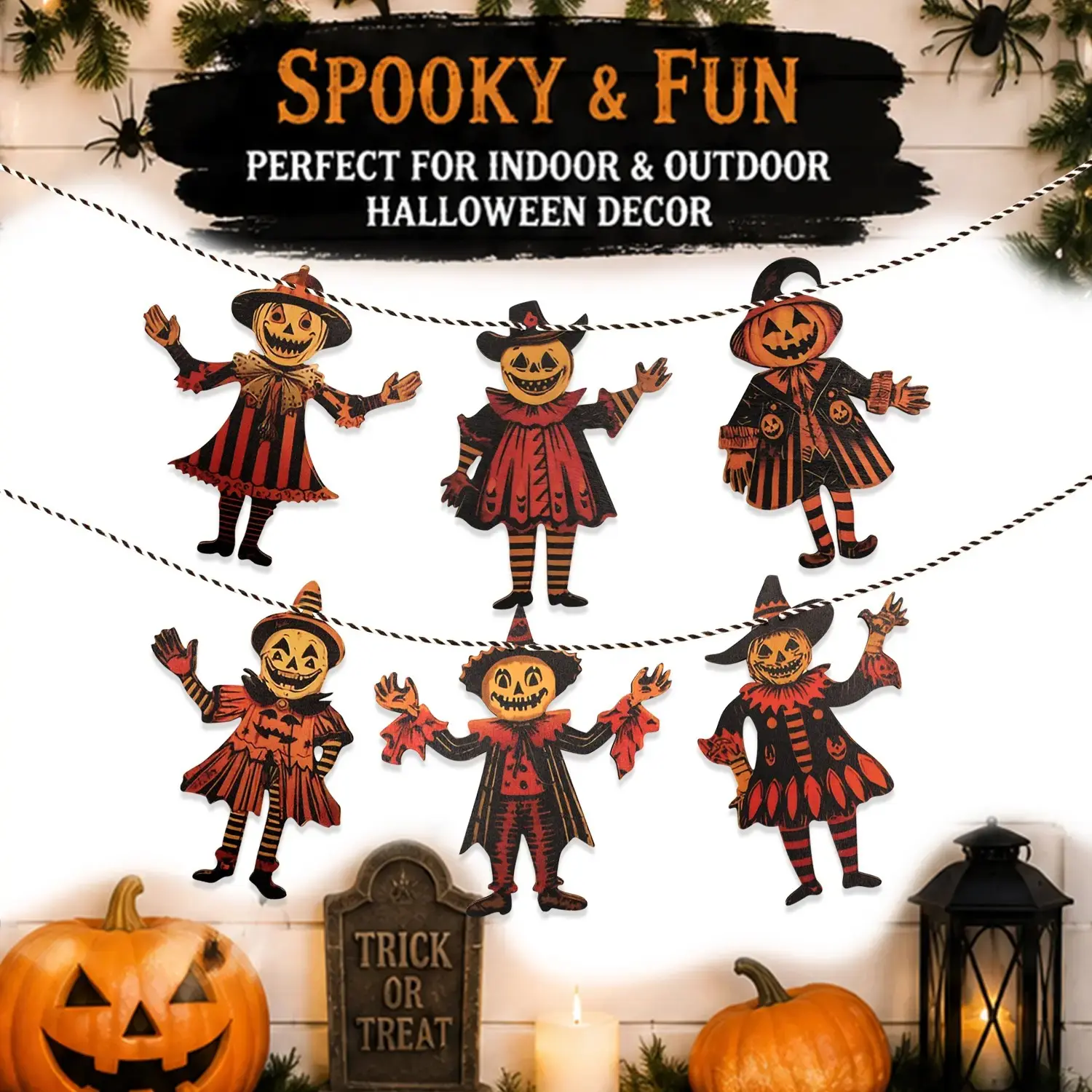 6PCS 5.9IN Halloween Vintage Wooden Garland Set, Spooky Pumpkin Hanging Decorations, Rustic Halloween Banner for Wall, Mantel, Fireplace, Party & Photo Backdrop