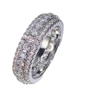 Platinum wedding ring with three rows of cubic zirconia stones, princess-cut cubic zirconia, elegant wedding ring, unisex, sizes 6/7/8/9