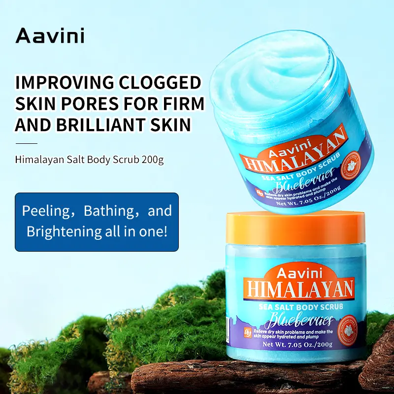 Aavini Himalayan Salt Body Scrub 200g – Exfoliates Dead & Rough Skin, Deeply Moisturizes & Nourishes with Natural Himalayan Salt Crystals, Vitamin E, Vitamin C, Hyaluronic Acid & Blueberry Extract – 3-in-1 Exfoliating, Cleansing & Brightening