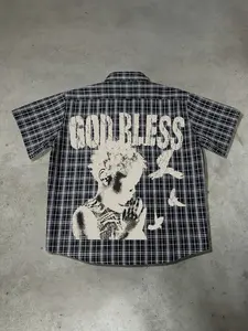 GOD BLESS Prayer Portrait Graphic Plaid Short-Sleeve Shirt, Menswear - Oversized Button-Up Fit, Featuring Vintage Distressed Prayer Portrait Print, Gothic "GOD BLESS" Lettering And Bird Motifs, Ideal For Daily Wear