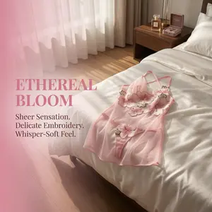 SILIX Elegant Pink Floral Babydoll | Cami Nightdress & Thong | Sexy Feminine Lingerie Set Underwear | Summer Women Sleepwear