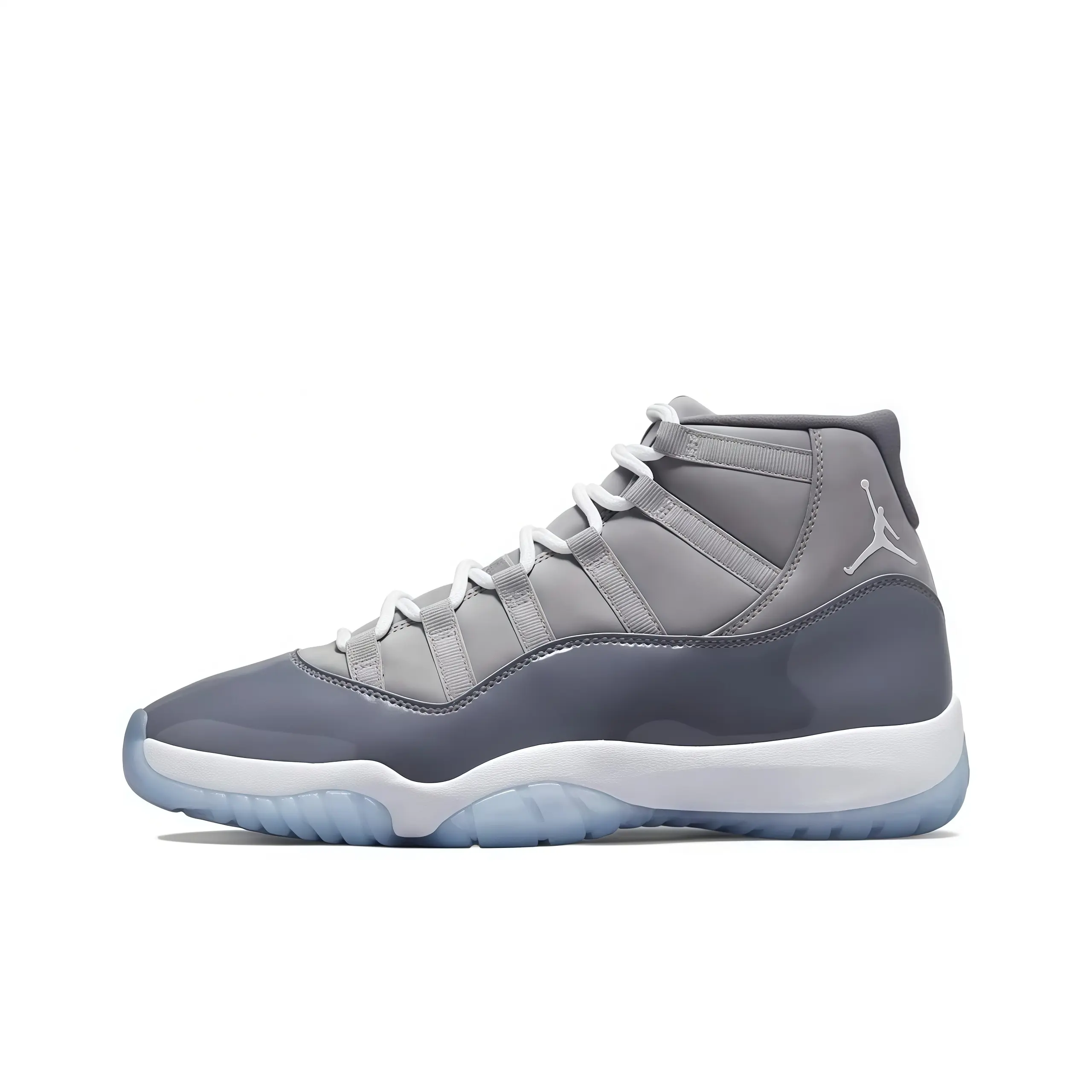 High top basketball sneakers gray patent fabric upper white midsole icy translucent outsole muted tone design soft cushion all day comfort fashionable streetwear durable unisex everyday basketball shoes