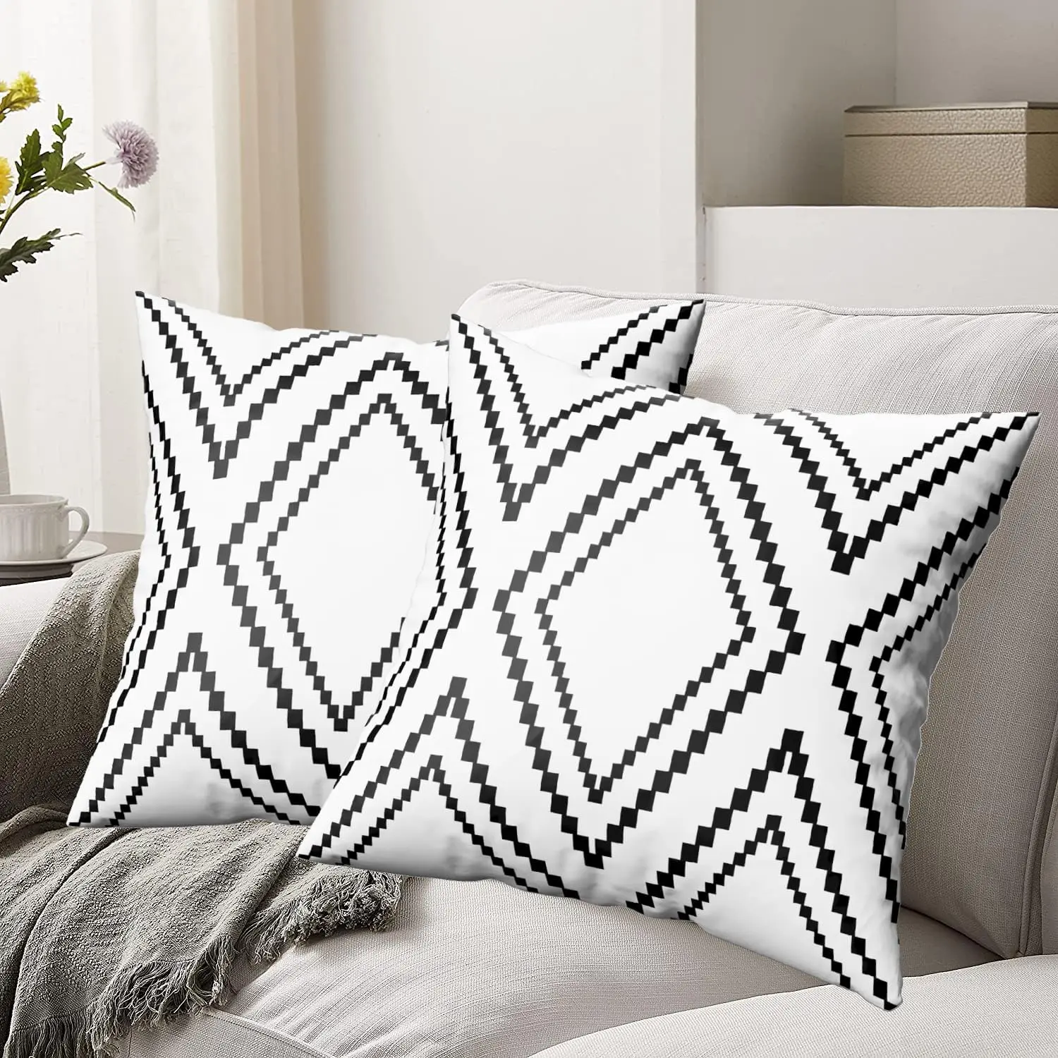 Nestinco 2-Pack Black Boho Aztec Spiky Velvet Print Polyester Blend Square Decorative Throw Pillow Covers, 20x20 in, for Sofa, Couch