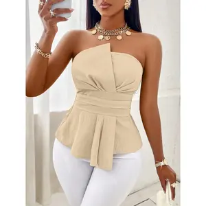 Solid Ruched Asymmetrical Hem Tube Off Shoulder Top