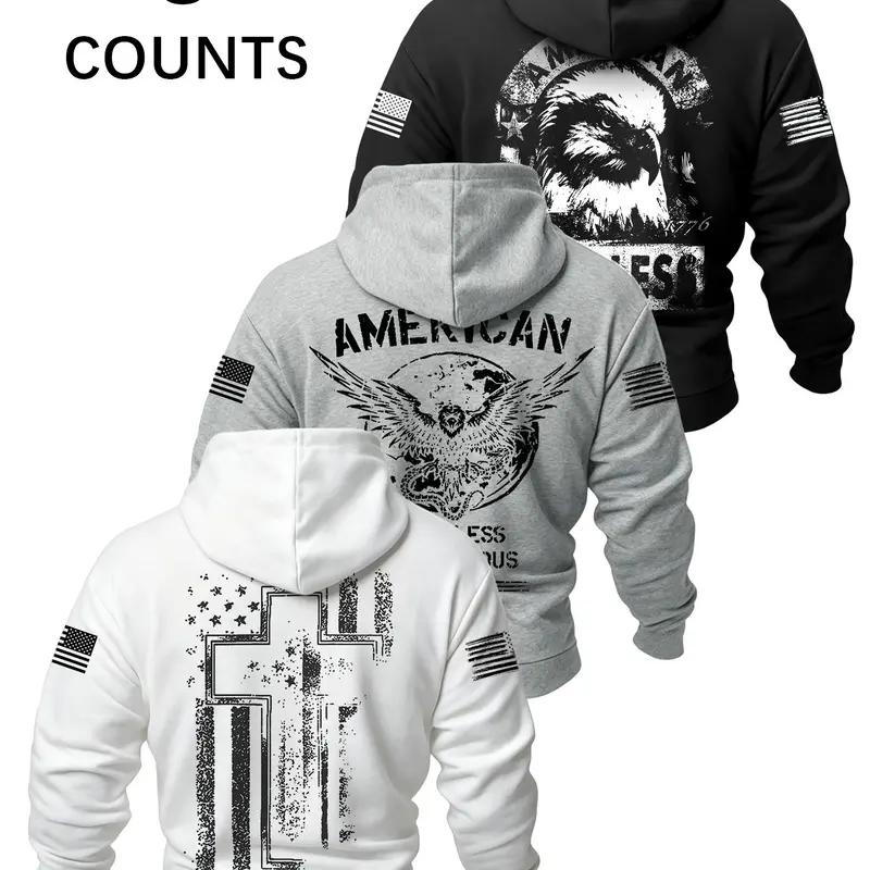 Men's Fashion American Patriotic 1776 Cross Print Hoodie, Printed Hoodie, Casual Sweatshirt Hoodie, Casual Loose-Fitting Design for Everyday and Outdoor Activities, Perfect Gift for Friends
