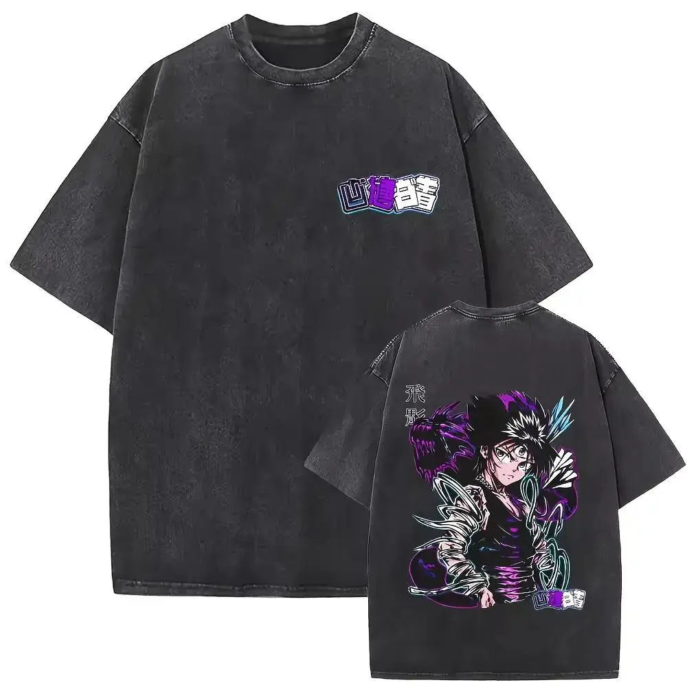 S-4XL 5XL Tshirts Wanted YuYu Hakusho Kurama  Tshirt Hiei Yusuke Kuwabara Vintage Washed T Shirt Men Anime Cartoon Oversized T-shirt Male Retro T-shirts