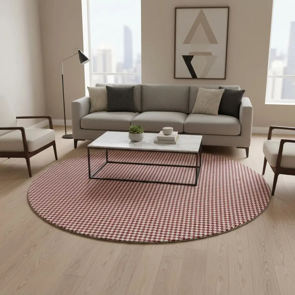 HomeRoots 645154 8 ft. Red & White Houndstooth Washable Round Area Rug, Kids-Safe, Stain-Proof, with UV Protection, Kids-Safe Area Rugs, Stain-Proof Area Rugs