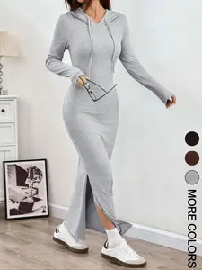 Women's Hooded Long Dress, Slim Fit Long Sleeve Split Hem, Casual Street Style, Perfect for Daily Wear and Comfortable Slit