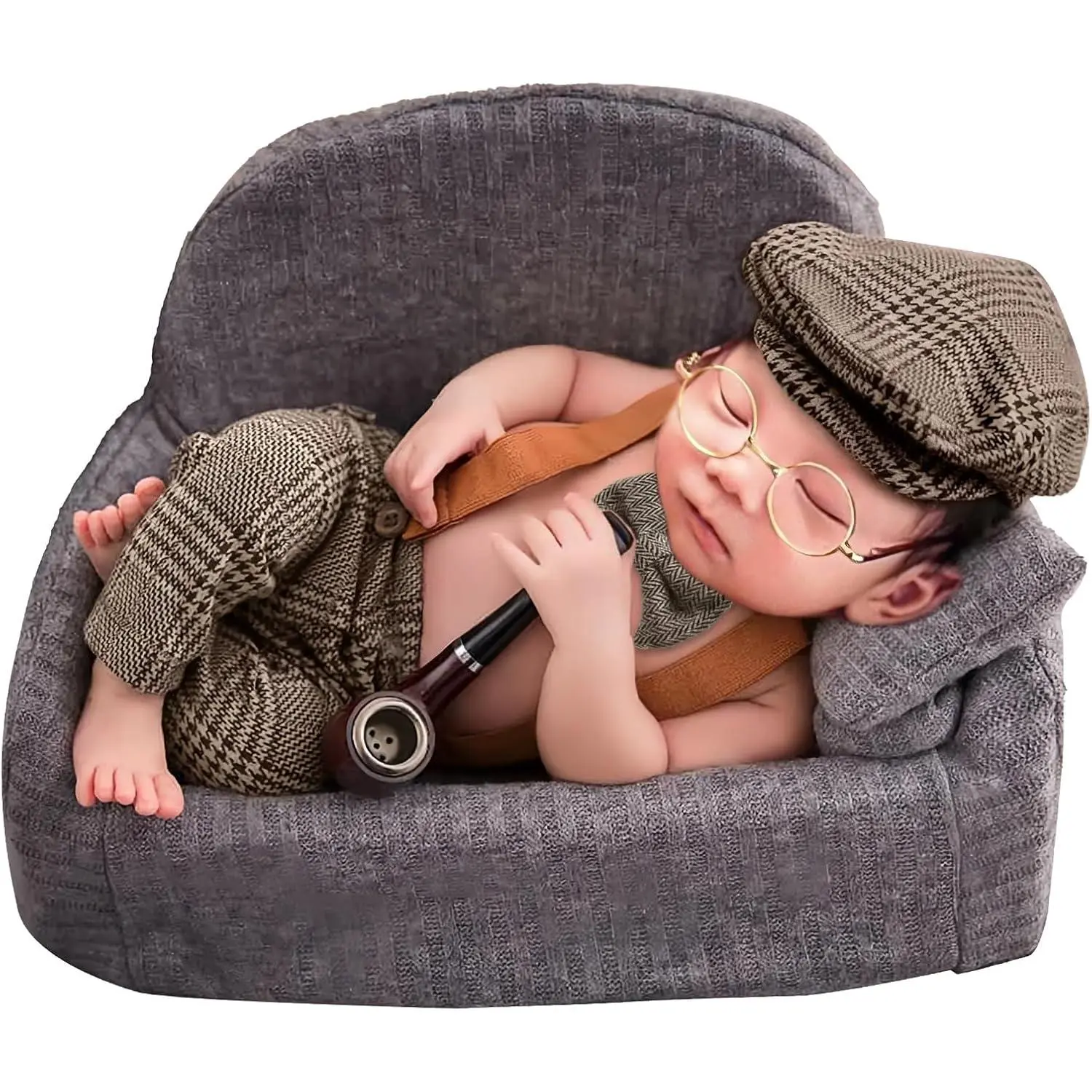 4 Pcs Newborn Baby Photo Props Lattice Rompers Suspender Pants Beret Glasses Bow Tie for Infant Boys Gentleman Costume Brown Newborn Boy Photography Outfit Set