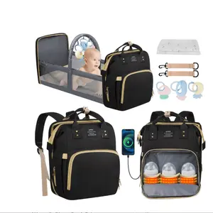 Diaper Bag Backpack, Multifunctional Baby Changing Bag with Foldable Crib &Insulated Milk Bottle Pockets, Large Capacity Portable Travel Backpack with USB Charging Port, Nappy Bag