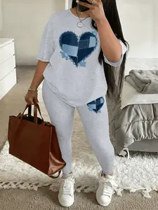 Printed pattern Women's Tee & Skinny Pants Two-Piece Set, Casual Fashion Cozy Round Neck Short Sleeve T-Shirt & Trousers for Daily Outdoor Wear, Ladies Spring Summer Clothes