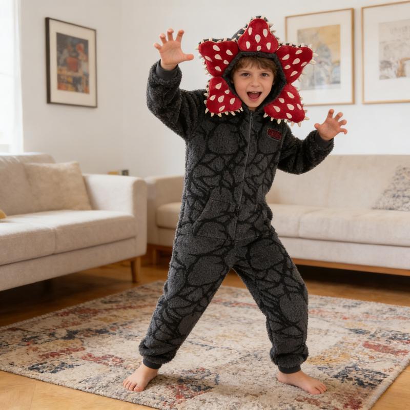 Novelty Demogorgon Onesie Costume | Stranger Things Pajamas for Adults & Kids | Hooded Jumpsuit Christmas Sleepwear, Fleece PJS for Cosplay, New Year Gifts
