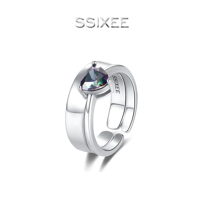 SSIXEE Starlight Universe Teardrop Ring, Rainbow Crystal Sterling Silver Open Band, Dreamy Multicolor Gemstone Gift for Her Birthday