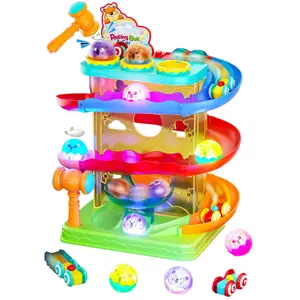 Summer Spring Gift 2-in-1 Toddler Rolling Ball & Car Ramp Race Track Toy – Hammer Ball Drop Playset with Sensor Lights, Montessori STEM Learning Activity for Boys & Girls Ages 1–5+
