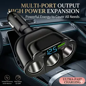 5-in-1 Car Charger: Supports 66W Super Fast Charging with 3 Sockets and Real-time Voltage Display, USB Phone Charging Adapter (Compatible with 12V/24V Vehicles)