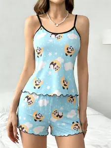 Light Blue Cartoon Moon Bear Print Tank Top Sleeveless Pajamas for Women, Cute Ruffled Home Wear Two-Piece Set, Slim-Fitting Comfortable Sleepwear Loungewear