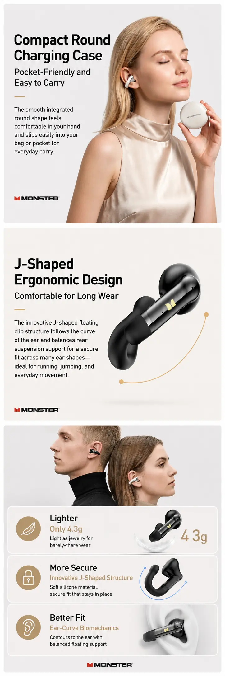 MONSTER Open Ear Clip-On Bluetooth Earbuds - Open Ear Headphones, Bluetooth 6.0 Wireless, 13mm Drivers, J-Shaped Comfort Fit, 4.3g Lightweight, ENC Call Clarity, Waterproof Sports Earphones, 165H Playtime for Running, Earphones & Accessories