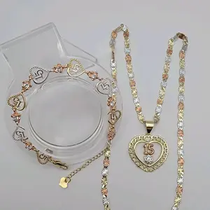 15th Year's Beautiful Heart & Flowers Necklace 20 Inches Gold-Plated Bracelet Set in Three Colors Jewelry Gift
