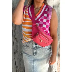 Yellow Striped Checkered Contrast Patchwork V Neck Sweater Vest