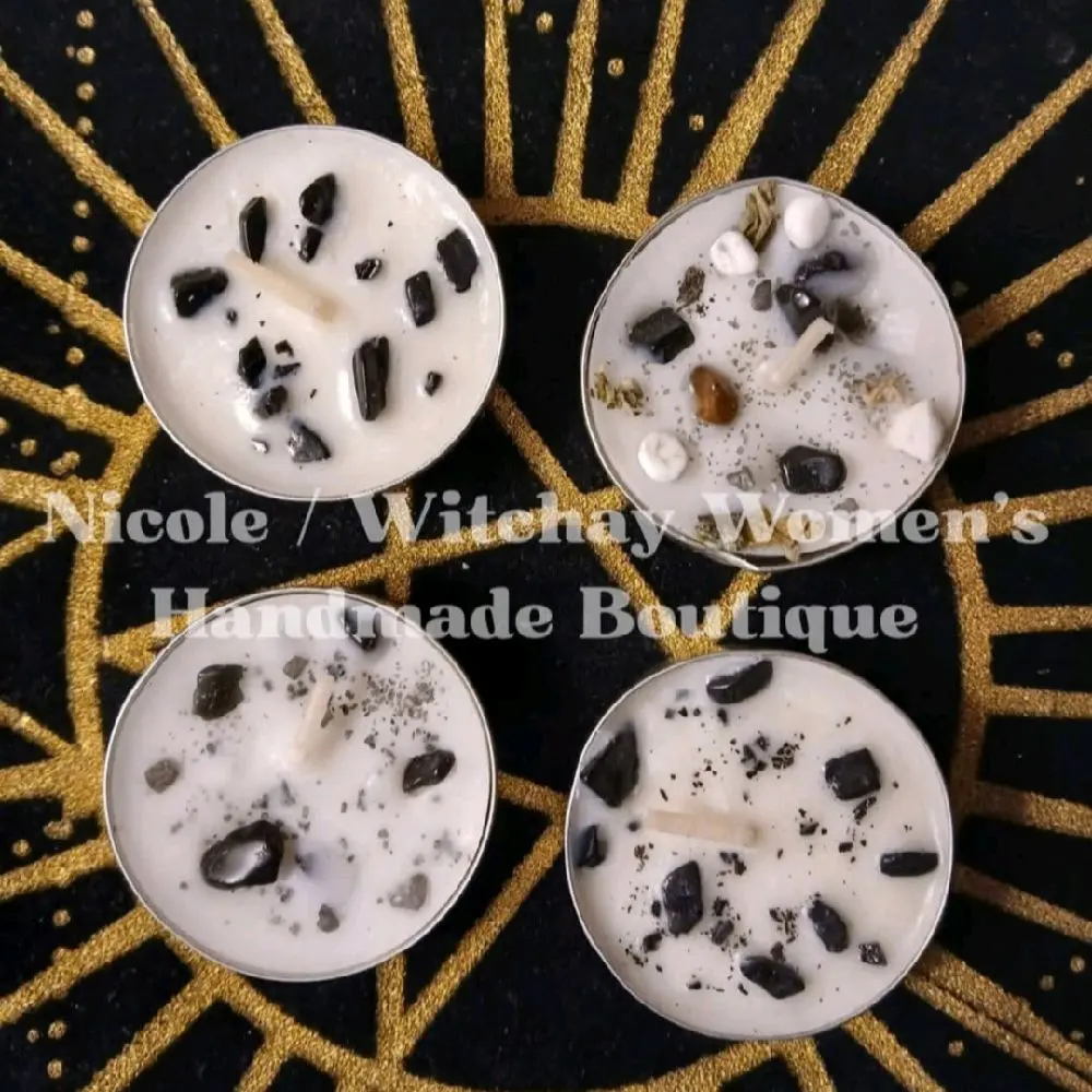 Hand-made Protection Tea Light Candles 4 Pack (real crystals