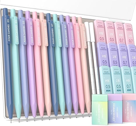 12Pack Pastel Mechanical Pencil 0.5 & 0.7 mm for School, with 741 Leads & Erasers, Cute Candy Pastel Art Drafting Pencils Mechanical with 720PCS (HB & 2B) Lead Refills & 21PCS Erasers & Storage Case  for Kid School Students Writing Drawing, Sketching