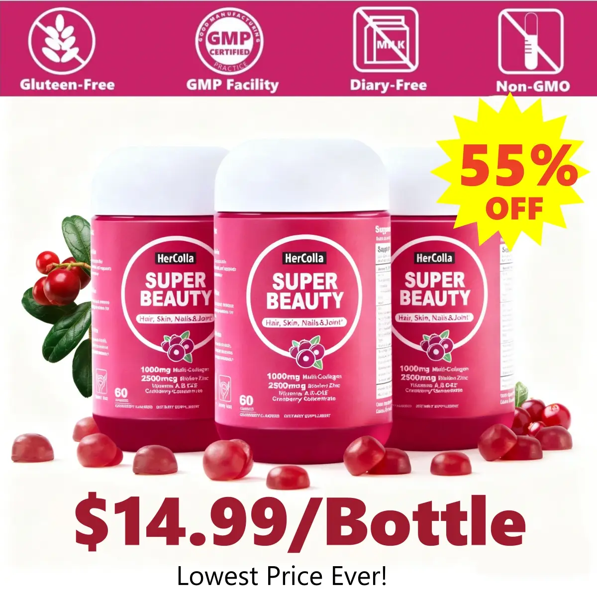 HerColla SUPER BEAUTY all-in-1 Collagen Gummy with Cranberry&Folate,1000mg Multi Collagen Complex( l, ll, lll, V, and X), Biotin&Zinc, Vitamin A,B6,B1