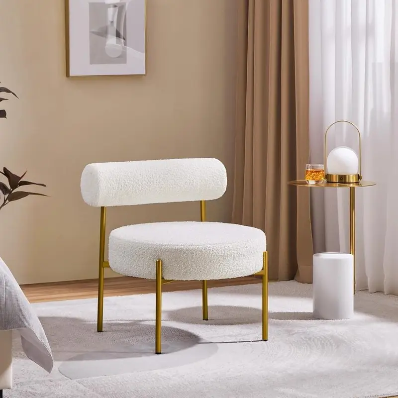 Yaheetech Modern Minimalist Armless Boucle Fabric Vanity Chair - Gold Metal Legs Contemporary Decorative Indoor Furniture Chair, 25″L×23″W×26″H, 300 lb Weight Capacity, for Vanity, Bedroom, Furniture