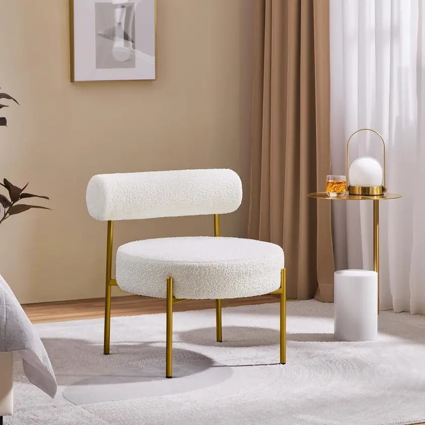 Yaheetech Modern Armless Boucle Fabric Vanity Chair - Gold Metal Legs Accent Chair for Vanity, Bedroom, Living Room, 25″L × 23″W × 26″H, 300 lb Weight Capacity, Chair For Bedroom