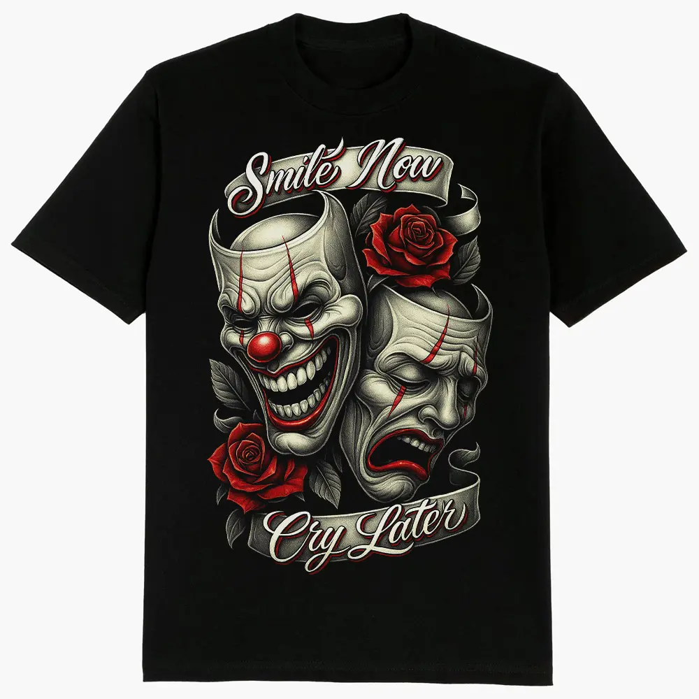 🤡 🥀 [100% Cotton]Smile Now Cry Later Red Chicano Clothing Cholo Gangster for Men Men's Clothing Streetwear Lowrider Graphic Tee Men Gifts
