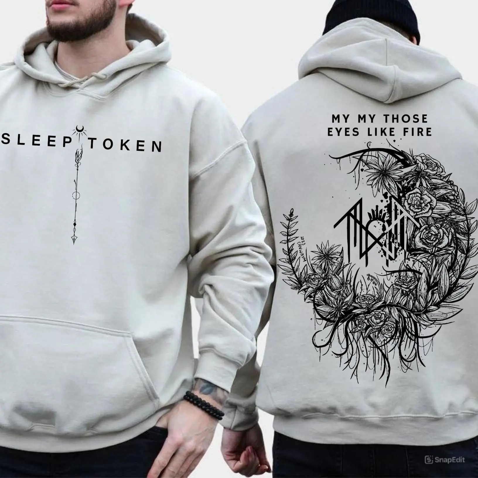 Sleep Token Hoodie, My My Those Eyes Like Fire Graphic, Floral Moon Metal Band Merch, Unisex Gothic Pullover, Rock Fan Gift, Beige Top