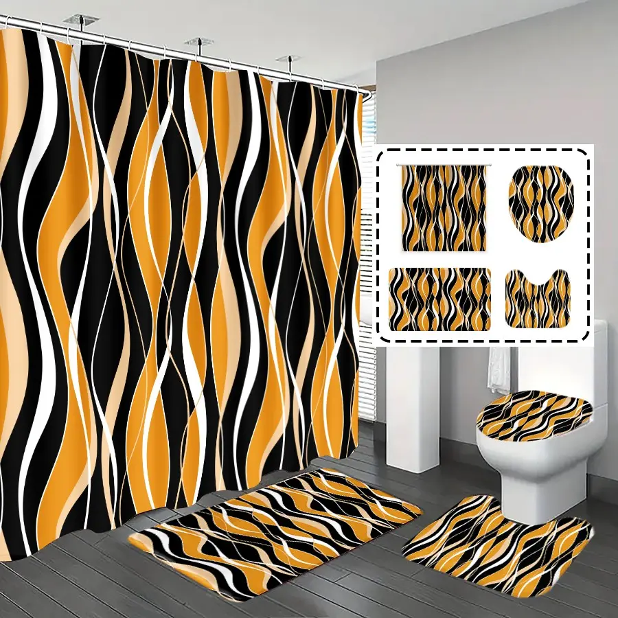[Popular Choice]1pc/4pcs, bathroom curtains shower, bathroom set, Shower Curtain Sets, bathroom decor,bathroom rug, home decoration, bathroom mat, geometric line pattern, abstract theme decoration, bathroom set, with 12 hooks.