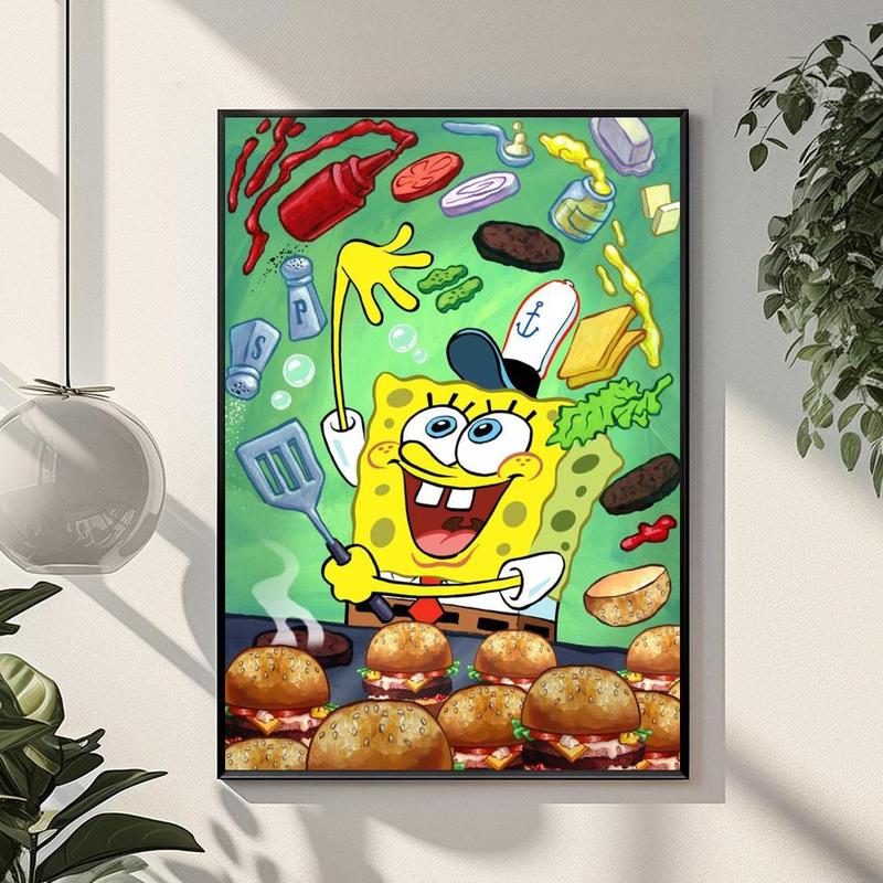 Cartoon S-SpongeBob S-SquarePants Poster Waterproof HD Wall Sticker | Self-Adhesive Decorative Art Poster | Fade-Resistant Scratch-Proof for Long-Term Use | Easy to Apply and Clean | for Home Office Bedroom Living Room Kitchen Decor | Gift Idea