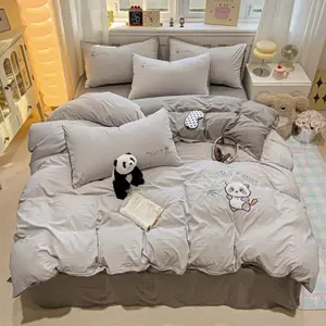 Cute Panda Embroidery Bedding Set, 1 Count Bedspread & Pillowcase without Filler, Soft Comfortable Bedding Set for Bedroom, Dormitory and Guest Room, Soft Bedding Sets