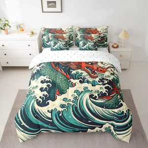 Feelyou 7-Piece Decorative Bedding Set - Full Size, Chinese Red and Green Water Dragon Microfiber Set with Comforter and Sheets for Home Decor